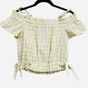 B-Wear Lime Green and White Plaid Off The Shoulder Cropped Top Size Medium